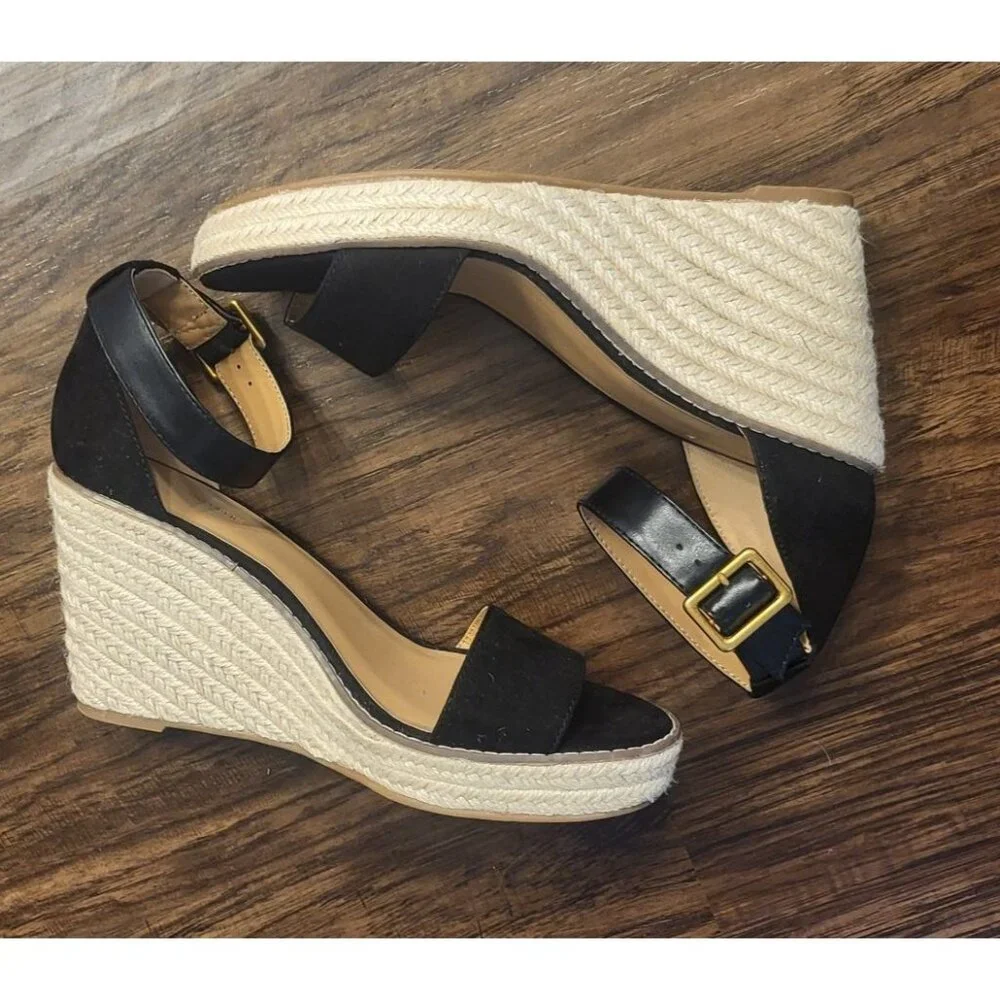 Banana Republic Black Suede Espadrille Wedge Sandals Sz 9 Minimalist Preppy